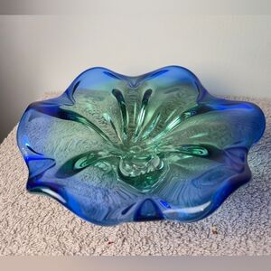 Murano Art Glass Flower Dish Blue Ruffled Edge Gree Clear Base Italy